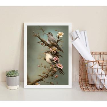 Imagem de Quadro Decorativo Passarinhos Flores Cerejeira 33X24Cm Vidro