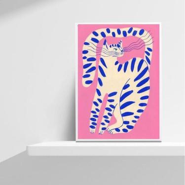 Imagem de Quadro Decorativo Abstrato Gato Rosa 33x24cm Madeira Preta