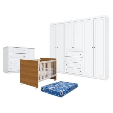 Imagem de Quarto De Bebê Americano 6 Portas Com Berço Nacional Mel Branco Savana- Reller - Henn E Colchão Ortobom.