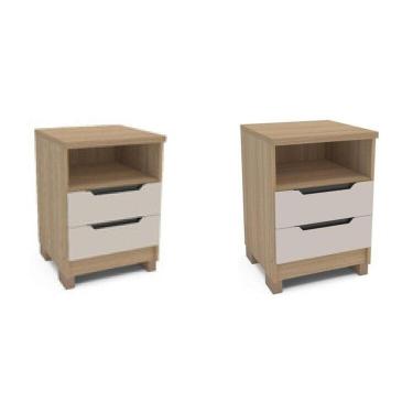 Imagem de Kit 2 Mesas de Cabeceira 2 Gavetas 100% Mdf Barcelona Off White/Carvalho