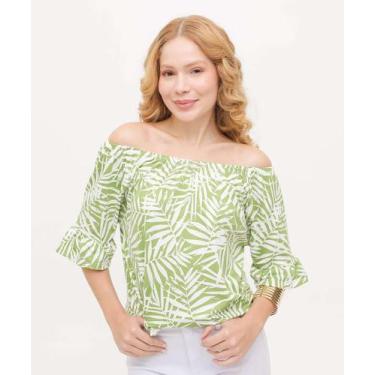 Imagem de Blusa Feminina Ciganinha Folhas Manga 3/4 Marisa-16023, Verde, G