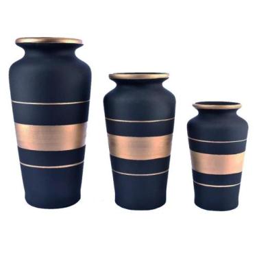 Imagem de Trio Vasos Urnas Gregas Em Cerâmica Fosca Decor Sala Black - Retrofenn