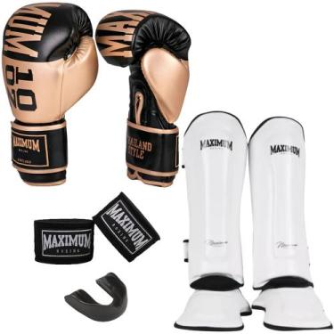Imagem de Kit muay thai luva intermediária gold + caneleira classic white + band