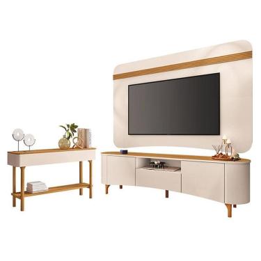 Imagem de Rack Bancada Elara e Painel Armony com Aparador Fiero Off White Cinamomo - HB Móveis