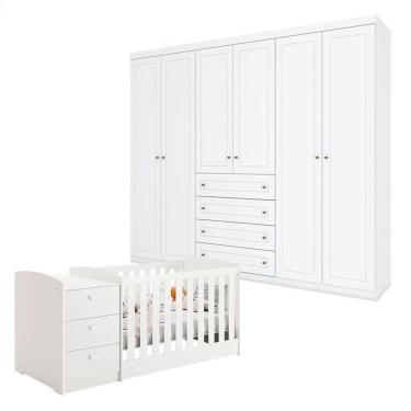 Imagem de Berço Multifuncional Atlanta e Guarda Roupa 6 Portas Americano Branco Fosco Henn - Reller