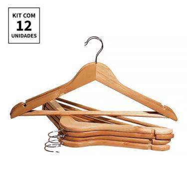 Imagem de Kit 12x Cabides De Madeira Verniz Marfim Adulto Roupa - Wincy