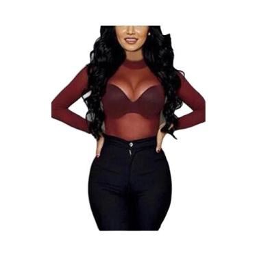 Imagem de Camiseta Transparente De Malha Com Gola Alta E Manga Longa Para Mulher