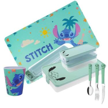 Imagem de Conjunto Refeição Infantil Stitch Disney 9 Peças Estojo, Potes, Talher