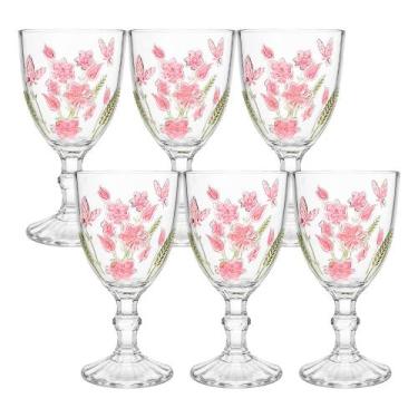 Imagem de Jogo 6 Taça de Vidro Decorada Flores Borboletas Spring para Água e Vin