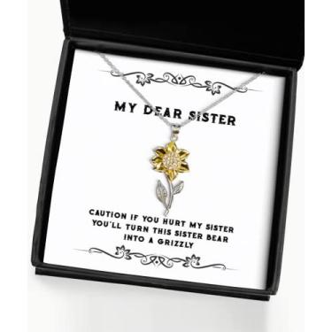 Imagem de SpreadPassion Colar com pingente de girassol fofo Irmã, Caution If You Hurt My Sister You'll Turn This, presentes para irmã, presente para irmã