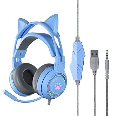 Imagem de ouvido gato – Fone ouvido para jogos com microfone | Orelha gato destacável 3,5 mm com redução ruído, ouvido para jogos com fio, ouvido brilhantes sobre a orelha para jogadores (azul, rosa)