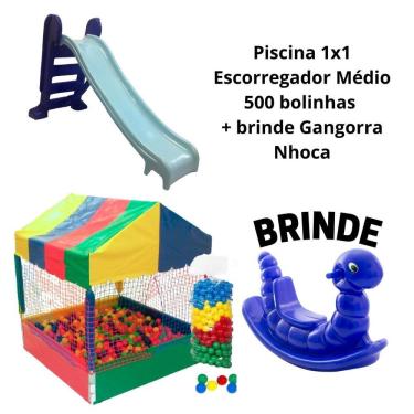 Imagem de Kit Piscina 1x1 + 500 bolas + Gangorra Infantil Nhoca + Escorregador Médio 3 Degraus
