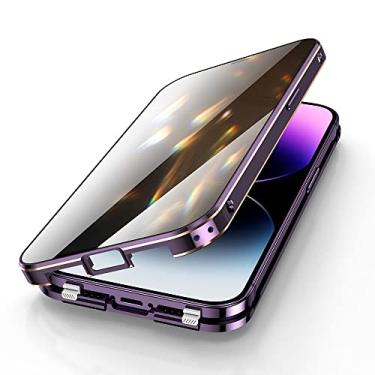 Imagem de Capa antiespião com trava de segurança para iPhone 14 Pro Max capa de alumínio com protetor de tela de lente de câmera 360 proteção total do corpo armação de metal capa de vidro transparente (prata)
