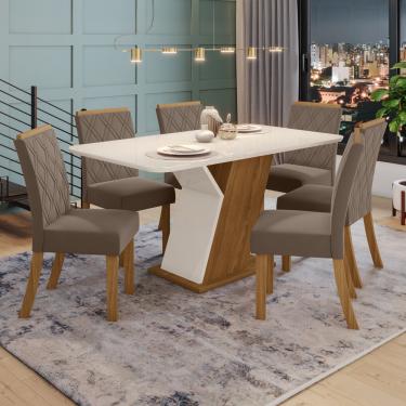 Imagem de Conjunto Sala de Jantar Tampo MDF com Vidro Canto Arredondado 160 Cm 06 Cadeiras Lupita Casa 812 - Nature com Off White e Marrom Amêndoa