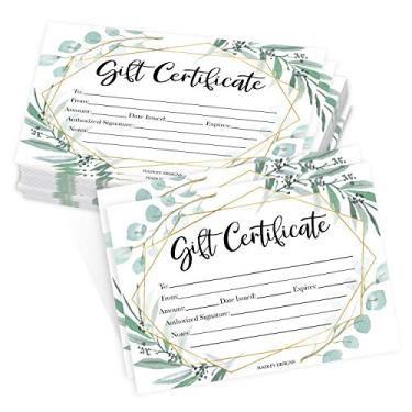 Imagem de 25 certificados de presente em branco dourado de eucalipto para pequenas empresas, voucher de papel para massagem, salão de cabelo e unhas, spa, restaurantes e cartões de cupom DIY para aniversário, dia dos namorados, dia das mães, ele e ela, 12,7 x 17,7 cm