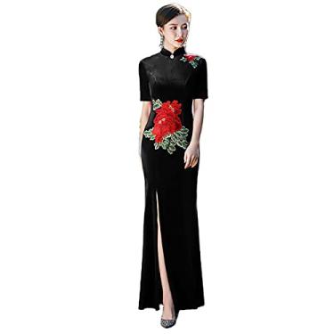 Imagem de Yajun Vestidos Cheongsam Velour Feminino Chinês Slim Fit Longo Qipao Vintage Stretch Plus Size Vestidos Divididos Verão Uso Diário, Preto, G (Peito: 90cm)