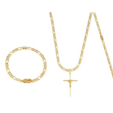 Imagem de Conjunto Masculino 3x1 Andreia Branco Acessórios - Corrente 60cm, Pingente Cruz 4.5cm, Pulseira 21cm - Batismo - Banhado a Ouro 18k - Fecho Gaveta - Acompanha Caixa para Presente