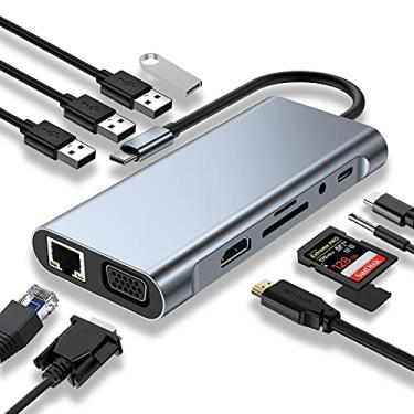 Imagem de Hub adaptador USB-C 11 em 1 com HDMI 4K, VGA, PD tipo C, USB 3.0, Ethernet RJ45, leitor de cartão SD/TF, auxiliar de 3,5 mm, estação de ancoragem compatível com MacBook Pro/Air/outros laptops tipo C