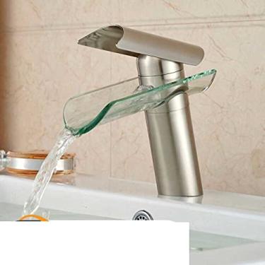 Imagem de Torneira de lavatório com bico em cascata de vidro Torneira de água quente e fria montada no convés Torneira misturadora de banheiro de manípulo único, níquel escovado curto