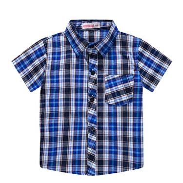 Imagem de Mercatoo Camisetas masculinas tamanho 5-6 crianças meninos manga curta moda xadrez camisa tops casaco Outwear para (azul escuro, 2-3 anos)