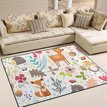 Imagem de ColourLife Tapetes de área leve com plantas de animais florestais em branco tapete tapete para decoração de casa para quarto de crianças, sala de estar 160 x 122 cm