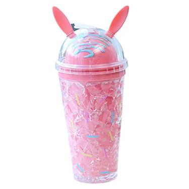 Imagem de seelucky Copo de viagem de coelho com canudo para menina copo de gelo congelador caneca gelada piquenique presente de aniversário (coelho rosa 2, 450 ml)