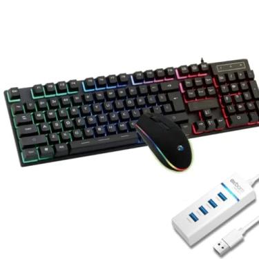 Imagem de Kit Teclado E Mouse Ergonômico Led Rgb Com Hub Usb 3.0 (Hub branco)