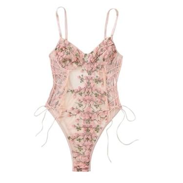 Imagem de KESYOO 1 Unidade macacão de renda camisola feminina body bordado body athartle maiô lingerie cueca bordada roupa íntima meia-calça Calças de uma peça Poliéster rosa