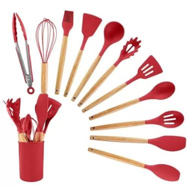 Imagem de Kit 12 Utensílios De Cozinha Em Silicone E Cabo De Madeira Jogo De Utensílios Resistente ao Calor Antiaderente Premium Vermelho RAECOMM
