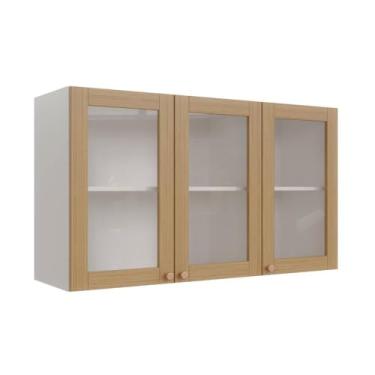 Imagem de Armário Aéreo 3 Portas 120cm com Porta de Vidro Arizona Cabecasa Madeiramadeira Branco/figueira