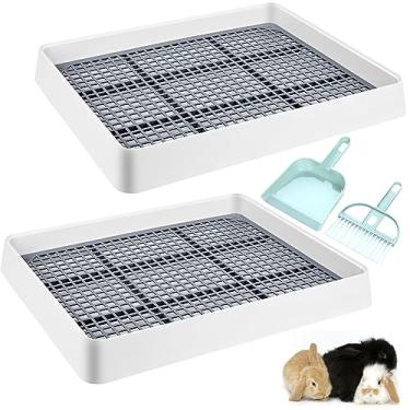 Imagem de VAIPI Pacote com 2 caixas grandes de areia de coelho com vassoura pequena e bandeja de areia para gaiola grade de banheiro coelho bandeja de vaso sanitário para ratos coelho - 38 x 30 x 6 centímetros