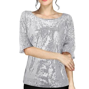 Imagem de Camiseta feminina com lantejoulas, blusa moderna, manga curta, gola redonda, caimento solto, para festa de verão, Prata, GG