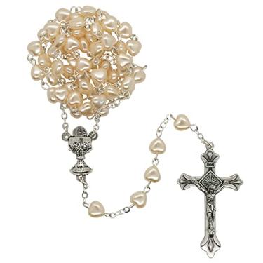 Imagem de Conjunto de presente de primeira comunhão para meninas | Bolsa branca com livro de missa católica, rosário com contas em forma de coração, broche de cálice e escapulário marrom | Presente religioso,