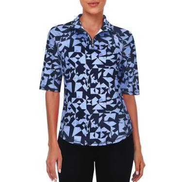 Imagem de Viracy Camisa polo feminina de golfe meia manga 1/4 com zíper e absorção de umidade, Azul, preto, G