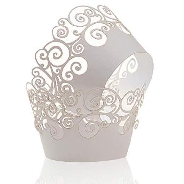 Imagem de KPOSIYA Embalagem com 50 envoltórios de cupcake filigrana artística para assar bolo copo de papel para bolo pequeno videira com corte a laser para assar formas de muffins para decoração de festa de casamento e aniversário (50, branco)