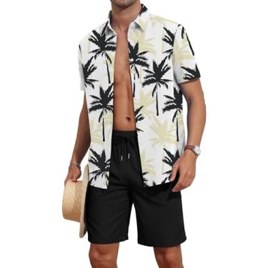 Imagem de YTD Conjunto masculino de 2 peças com estampa tropical, manga curta, camisa havaiana e shorts de praia, Preto e branco tropical, XXG