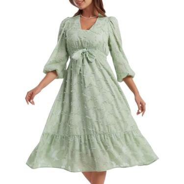 Imagem de ALLOVIN Vestido feminino casual manga longa gola V laço frontal cintura alta vestidos coquetel com bolsos, Verde claro, G