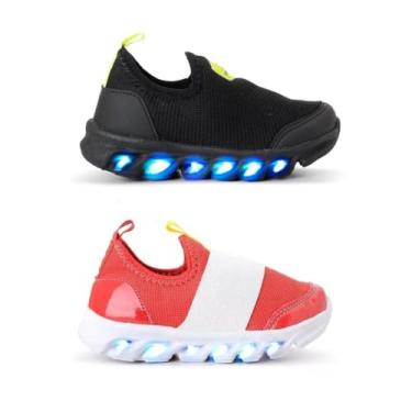 Imagem de Kit 2 Tenis Infantil Sonic Led Luzinha Colorida Calce Facil (Preto-Vermelho/Branco, BR, Criança de 1 a 3 anos, Numérico, 24)