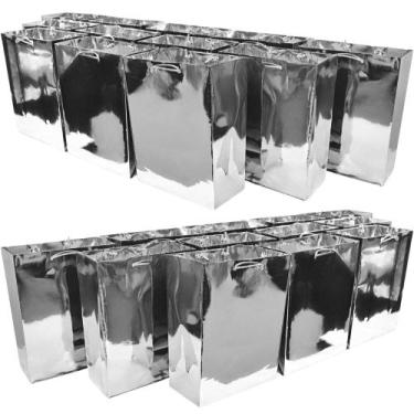 Imagem de Kit 10 Sacola Papelão Laminada Holográfica Alça Prateada Dourada Brilh