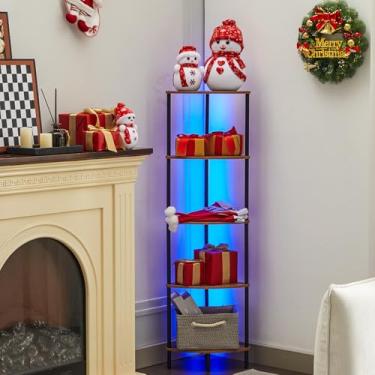 Imagem de Ymesiyou Estante de canto de 5 camadas com luz LED, estante de canto para espaços apertados, exibição estreita com suporte de armazenamento, para sala de estar, quarto, prateleira de exibição de metal