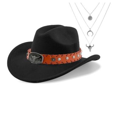 Imagem de Chapéu de caubói ocidental para mulheres homens clássico feltro Fedora aba larga chapéu vaqueira com fivela de cinto, colar de cabeça de touro olho turco, Preto, Tamanho Único