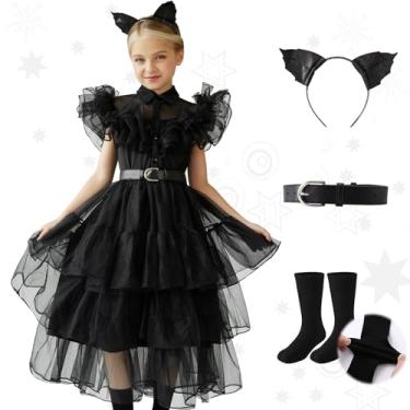 Imagem de Wigood Vestido de fantasia preto para meninas com acessórios, vestido infantil, vestido de festa cosplay de Halloween, 4 a 12 anos