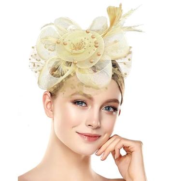 Imagem de Chapéu Fascinators vintage anos 20, anos 50, para mulheres, festa de chá, Halloween, tiara de flores, chá de panela, casamentos, eventos temáticos, Ouro bege, 1-2