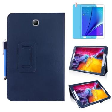 Imagem de Capa de couro fina para Samsung Galaxy Tab A 20.3 cm 2015 (SM-T350 T357 T355 P350 P355), suporte multiângulo, capa protetora completa para tablet com caneta Stylus, película de tela (azul)