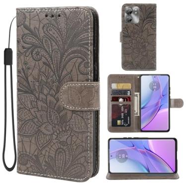 Imagem de Gufuwo Capa para Motorola Edge 40/Motorola Edge 2023/Motorola Edge (geração 4), capa carteira de couro PU com flor de renda flip com suporte para cartão de crédito para Motorola Edge 2023 5G cinza