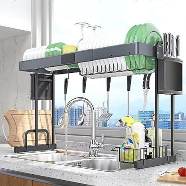 Imagem de Escorredor de pratos de cozinha sobre a pia, escorredor de louças ajustável (0-15 cm) para balcão de cozinha com ganchos de papel toalha suporte de copo organizador de pia preto