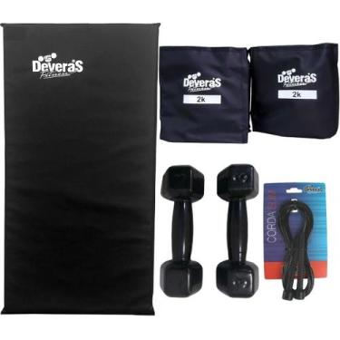 Imagem de Kit: Tornozeleiras 2 kg + Halteres PVC 3 kg + Corda + Colchonete P - D