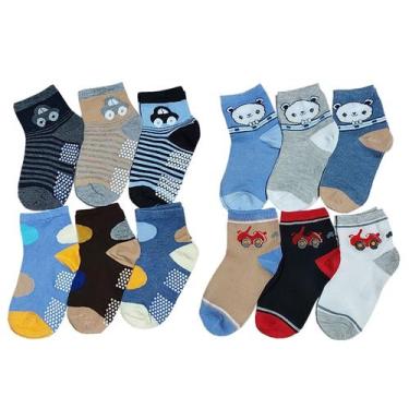 Imagem de Meias Sortidas Infantil Bebê - Kit 12 Pares: Solado Liso + Antiderrapa