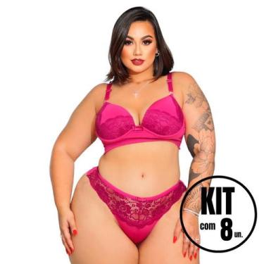 Imagem de Kit 8 Conjuntos Calcinha e Sutiã Plus Size Fio Dental Rendado Fio Dupl