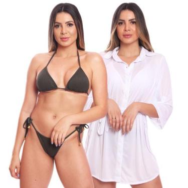 Imagem de Kit Saída de Praia Chemise Camisão Feminino + Biquini Cortininha de Am